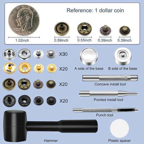 Alritz 15mm Leather Snap Button Kits with Hammer Punch Spacer, 90 Sets Metal Snaps Press Studs with 4 Setter Tools for Thin Clothes, Jackets, Jean...