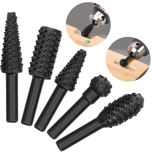 OIIKI 5 PCS Woodworking Twist Drill Bits, Wood Carving File Rasp Drill Bit, with 1/4" Shank Tool Rasp Chisel Shaped Rotating Embossed Grinding Hea...