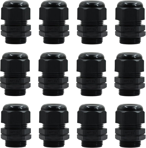 12 Pcs 3/4" Black NPT Cable Glands IP68 Waterproof Connectors for Electrical Box Nylon Cord Grip Strain Relief...
