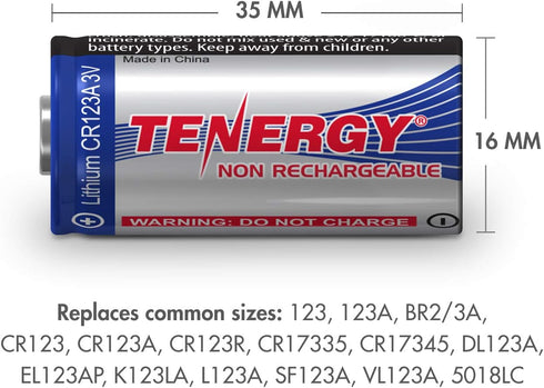 Tenergy 3V CR123A Lithium Battery, High Performance 1500mAh CR123A Cell Batteries PTC Protected for Cameras, Flashlight Replacement CR123A Batteri...
