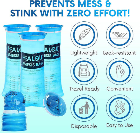 Healqu Hospital Vomit Bags - 12 Pack 1000ml Car Throw Up Bag - for Airsick Travel & Motion Sickness - Leak Resistant Puke Bag - Disposable Barf Ba...