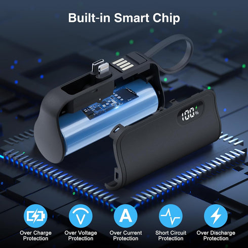 Mini Power Bank Portable Charger with Built-in Lightning&USB-C Connector, Compact Battery Pack Travel Portable Phone Charger Compatible with iPhon...