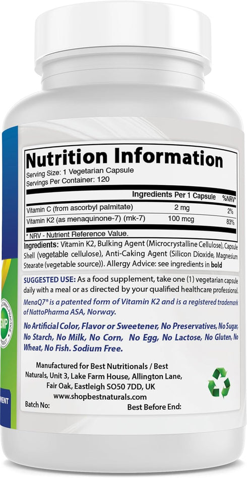 Best Naturals MK-7 Vitamin K2 100 mcg 120 Vcaps...