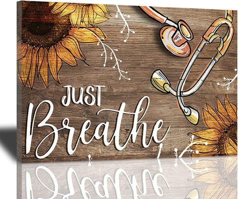 Sunator Just Breathe Canvas Wall Art Beautiful Sunflower And Medical Stethoscope Inspirational Pictures Motivational Quotes Poster Framed Wall Dec...