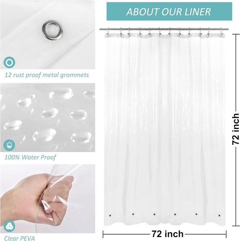 Mrs Awesome Extra Long Shower Curtain Liner with 6 Magnets 72 x 84 inch, Clear PEVA 8G Heavy Duty Thick Plastic Shower Curtain, Waterproof, 72x84...