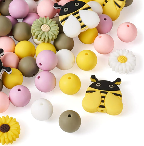 Cheriswelry Silicone Focal Beads Kits with 50pcs 15mm Round Silicone Beads for Pen & 5pcs Daisy Silicone Beads for Keychain Making & 4pcs Bees Sil...