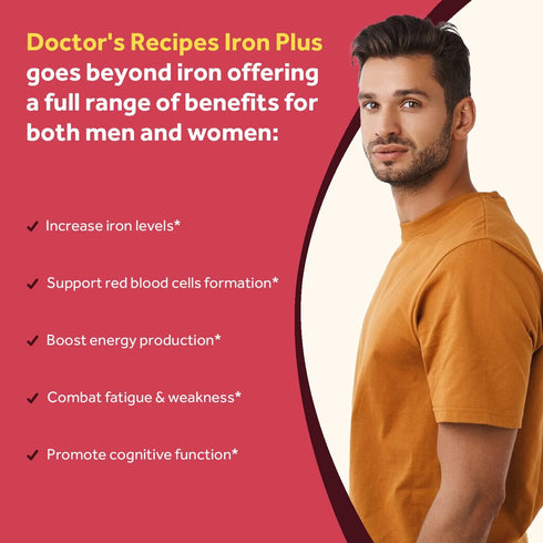 Doctor's Recipes Iron Supplement, with Vitamin C, B6, Folate & B12, Non-Constipating, Stomach Friendly, Gentle Iron Pills for Iron Deficiency, Blo...