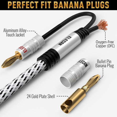 14 AWG Speaker Cable Wire 10 Feet with Gold-Plated Banana Tip Plugs-CL2 Rated-in Wall-Heavy Duty Nylon Braided, Oxygen-Free Copper (OFC)-White-wit...