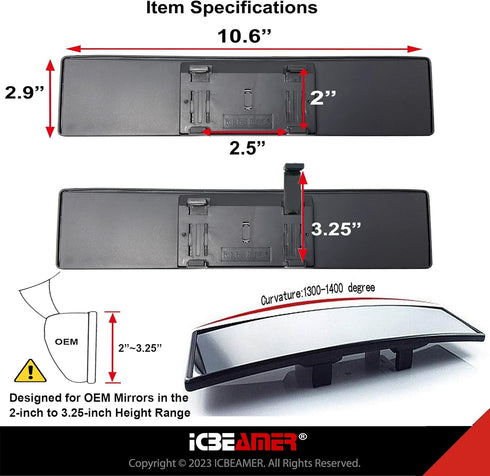 ICBEAMER 10.6" Car Rear View Mirror, HD Clear Tint, Panoramic Wide Angle Convex Surface, 2 Interior Retractable Rubber Clips, Anti Glare, Automoti...