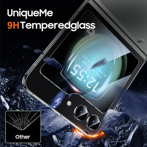 UniqueMe for Samsung Galaxy Z Flip 5 Screen Protector, 9H+ Front Tempered Glass 2pcs + Camera Lens Protector 1pcs HD Clear Anti-Scratch [Case Frie...