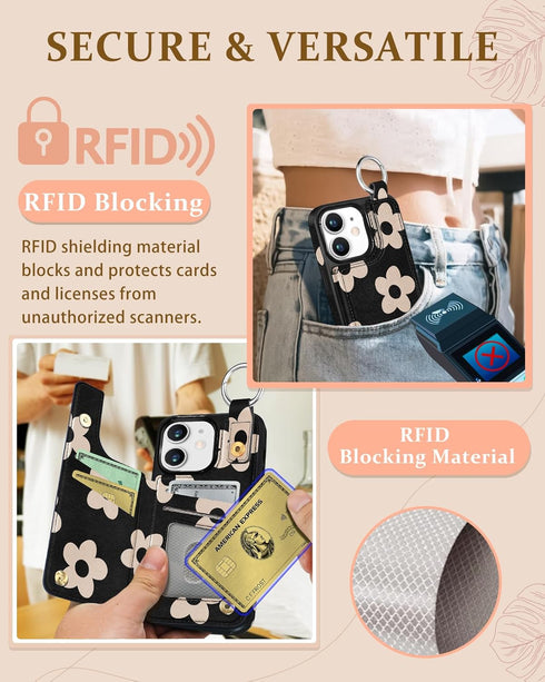 Shorogyt for iPhone 12 Wallet Case with Card Holder, Designer Black Flower Pattern Kickstand Magnetic Clasp Back Flip Folio Leather Phone Cases fo...