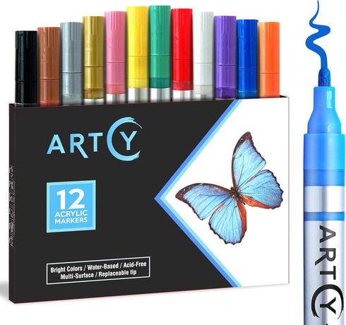 Acrylic Paint Pens - 12 Acrylic Paint Markers Medium Tip (2mm) | Great for Rock Painting, Canvas, Glass, Porcelain, Fabric, Paper, Pottery and Pla...
