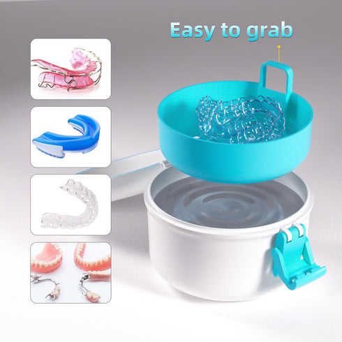ARGOMAX Leak Proof Retainer Cleaner Case, Denture Cups for Soaking Dentures, Denture Travel Case (White+Blue)....