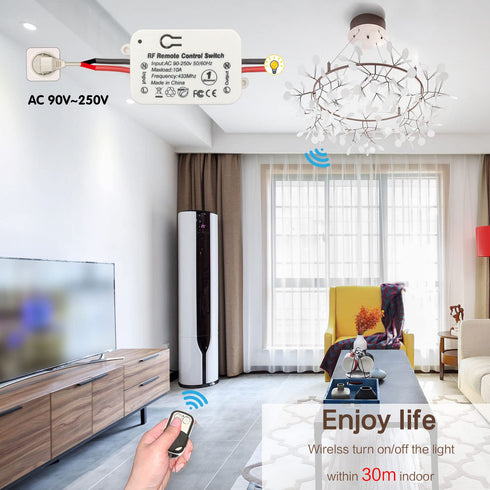 DieseRC AC 110V 120V 220V 240V Wireless Remote Control Light Switch 1500W 1 Channel 433Mhz RF Relay Receiver with 2 Transmitters Keyfob for Lamp b...