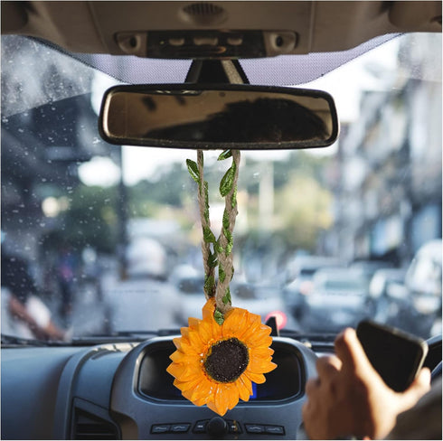 Sunflower Car Interior Rear View Mirror Hanging Accessories - Aesthetic Car Rearview Charms Decorations - Ladies and Men Car Decoration Accessorie...
