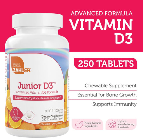 Zahler Junior D3 Vitamins 1000 IU - Chewable Vitamin D3 for Kids - Vitamin D for Kids to Support Bone, Teeth & Immune Health - Kosher Kids Vitamin...