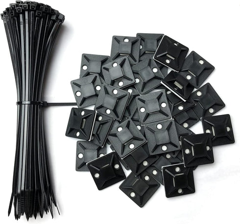 100 Pack Black Plastic Nylon Cable Ties with 60 Pieces Strong 25x25mm/1inch Self Adhesive Wire Tidy Clips Mount Base Holders Small Zip Tie 150×2.5...