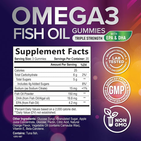 Omega 3 Gummies for Adults, Omega-3 Fish Oil Gummies for Heart Support, Omega 3 Supplement High Absorption DHA & EPA, Joint & Brain Support, Natur...