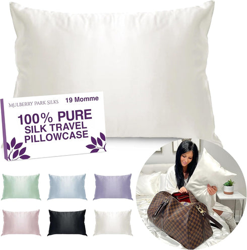 Mulberry Park Silk Travel Pillowcase - Prevent BedHead and Frizz, Minimizes Sleep Wrinkles - 19 Momme, Grade 6A Pure Mulberry Silk - 13" x 18", Iv...