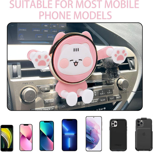 Cute Phone Mount for Car, Pink Cat Air Vent Clip Cell Phone Holder for Car Compatible with 4-7 inch Smartphones, Car Accessories for Women and Gir...