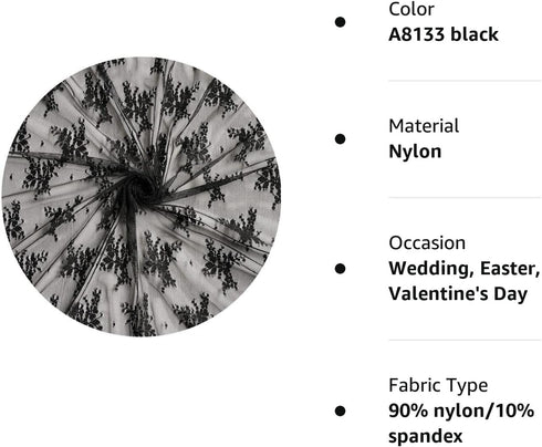 Lace Realm Black Lace Fabric, 60 Inches Fabric Lace for Wedding Dress,Fashion, Crafts, Decorations Lace Trim Fabric 60” Width (A8133 Black, 1 Yard...