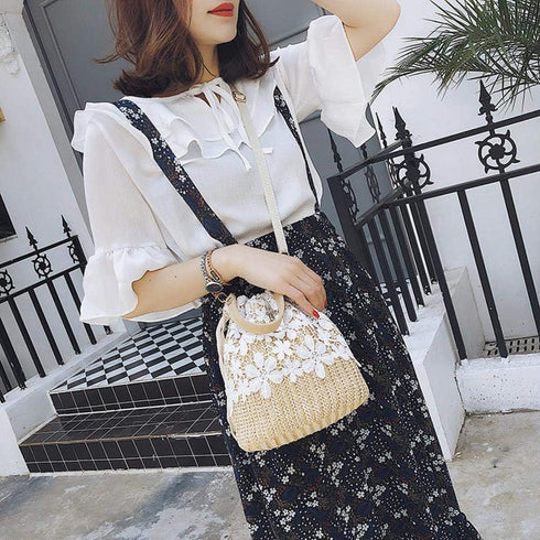Bamboo Handbag, Beach Purse Bag Half Moon Bag, Straw Lace Woven Travel Sling Bag Shoulder Crossbody Bag for Women...