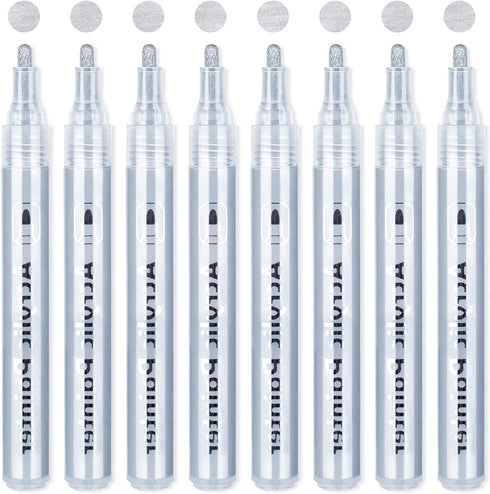 AKARUED Silver Acrylic Paint Markers, 8 Pack Acrylic Silver Paint Pen Sets for Rock Painting, Wood, Stone, Glass, Ceramic, Paper, Drawing, Art Pro...