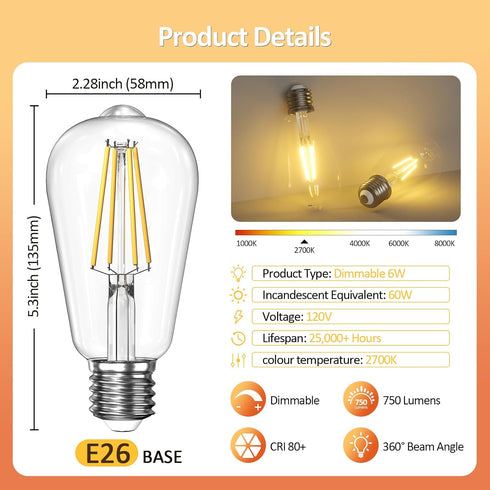 Dimmable Edison LED Light Bulbs 60 Watt Equivalent, 6W 2700K Warm Light E26 LED Bulbs for Table Lamp Bathroom Vanity Outdoor Wall Light ST58, 750L...