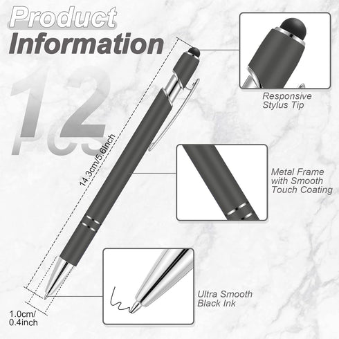 12 Pieces Ballpoint Pen with Stylus Tip, 1.0 mm Black Ink Metal Pen Stylus Pen for Touch Screens, 2 in 1 Stylus Ballpoint Pen (Gray and Silver)...