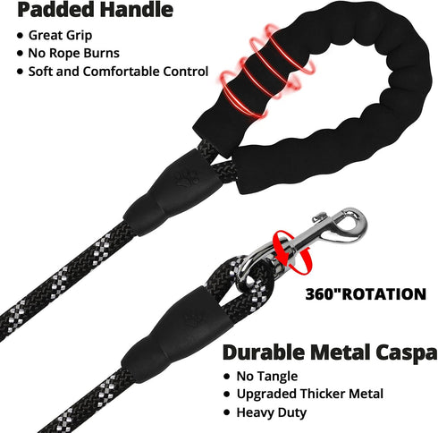 Long Dog Leash 15 FT: Heavy Duty Rope Leashes for Dogs Training with Swivel Lockable Hook Reflective Threads Bungee and Padded Handle - Dog Lead f...