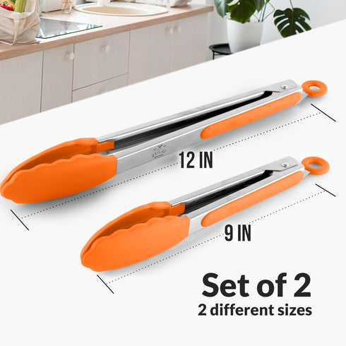Zulay Stainless Steel Kitchen Tongs with Silicone Tips - Set of 2 (9” & 12”) Locking Cooking Tongs with Non-Slip Grip - Heat Resistant, BBQ Food T...