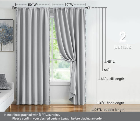 Pompom Full Blackout Curtains Grey Window Curtains for Basement 54 inches Thermal Insulated Room Darkening Curtain Drapes for Nursery 2 Panels...