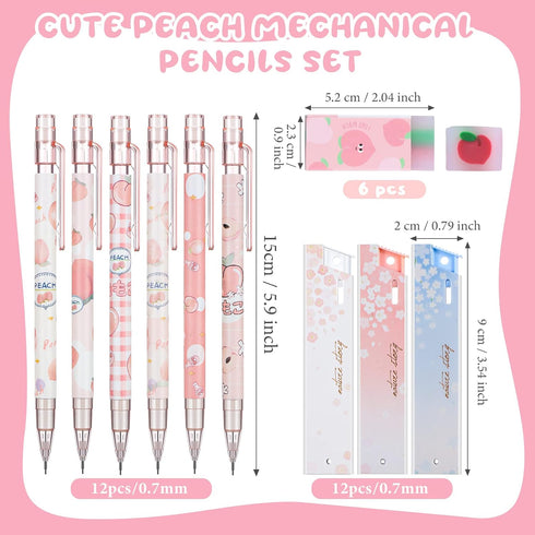 30 Pcs Kawaii Peach Mechanical Pencil Set Include 12 Mechanical Pencils 6 Cute Peach Erasers 12 Tube HB Pencil Refills First Day of School Back to...