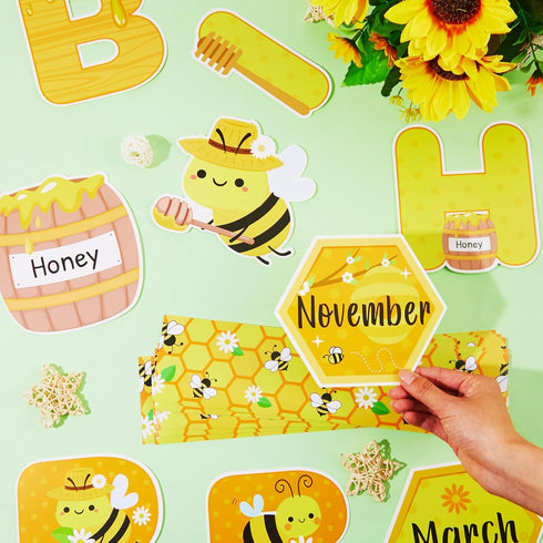 63 Pcs Bee Themed Birthday Bulletin Board Sets Paper Cutouts with Glue Point Bee Birthday Classroom Bulletin Board Display Bee Theme Birthday Char...