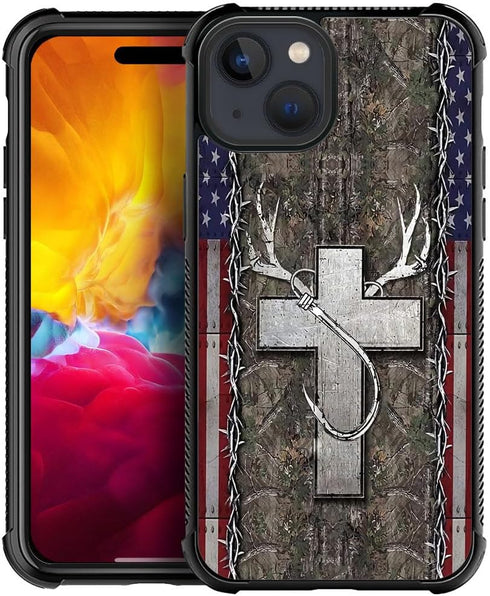 DJSOK Case Compatible with iPhone 15 Plus,H American Flag Antlers Hooks Crosses with Four Corners Shockproof Protection Soft TPU Bumper and Hard P...