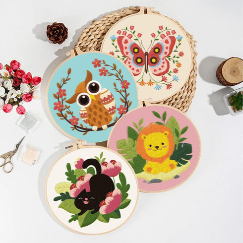 ORIGACH 4 Pack Animals Embroidery Kits for Beginners, DIY Starter Hand Embroidery Kit with Cartoon Owl Butterfly Cat Lion Patterns and Instruction...