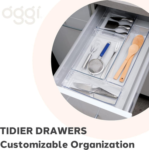 Oggi Clear Drawer Organizer - 3" X 9.5" - Ideal for Organizing Kitchen Drawers, Office, Desk, Silverware, Kitchen Utensils, Cosmetics and Bathroom...