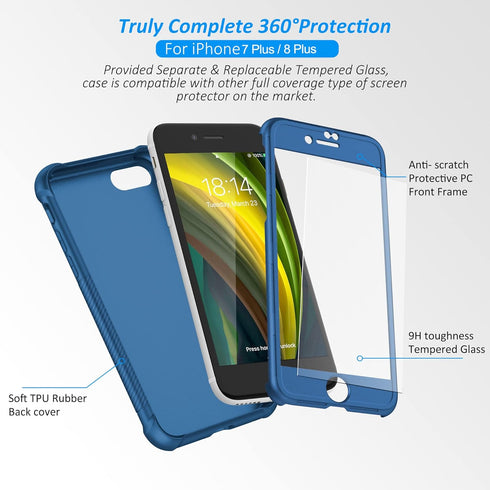 ORETECH Designed for iPhone 7 Plus & 8 Plus Case with 2 x Tempered Glass Screen Protector, Carbon Fiber Texture Anti-Slip Hard PC + Soft TPU Phone...