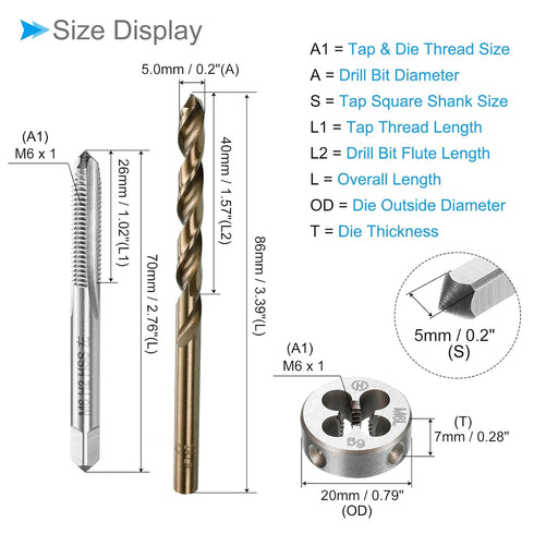 Metric Tap and Die and Drill Bit Set, M6 x 1 Tap & Die Thread 5.0mm Drill Diameter, Left Hand Machine Screw Tap Tool Kit - (Applications: for Thre...