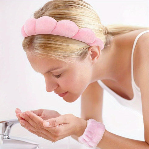 RICHTOP Spa Headband and Wristband Set, 6 Pack Skincare Headband Face Wash Headband, Skin Care Headband Set with Hair Clip Pink Headband for Washi...
