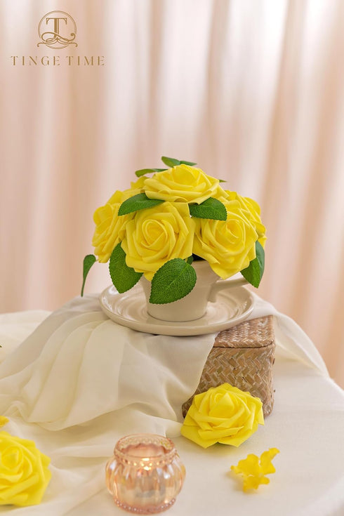 TINGE TIME Yellow Flowers Artificial Rose 25pcs Realistic Fake Roses for DIY Wedding Bouquet Baby Shower Centerpiece Floral Arrangement Party Home...