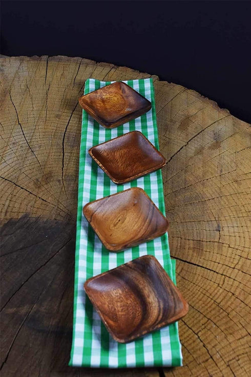 Acacia Handmade Wood Carved Plates - Set of 4 Calabash Bowls Size 4" (Square)...