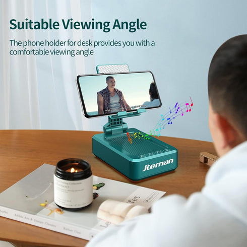 JTEMAN Cell Phone Stand with Wireless Bluetooth Speakers,Angle Adjustable Strong Pedestal Phone Stand for Desk,HD Sound and Bass Bluetooth Speaker...