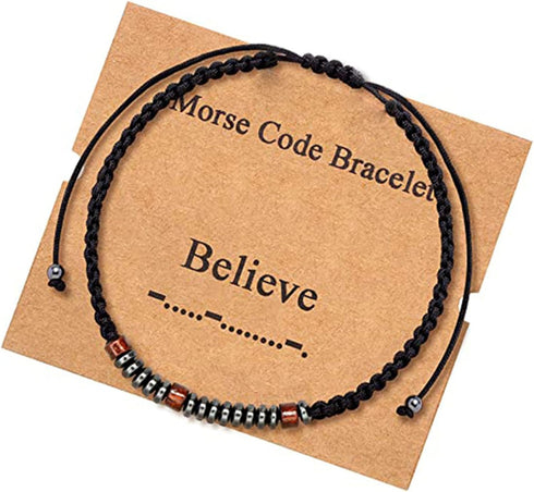 Inspirational Morse Code Hematite Obsidian Bead Bracelet Adjustable Braide Cord Rop Wrap Bracelet for Women Men Mother Friend Handmade Card Friend...