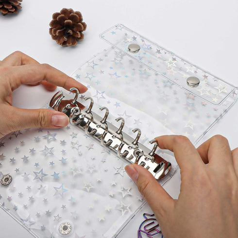 A7 Budget Binder Cover Clear PVC 6 Ring Binder Glitter Star Refillable Notebook Shell Protector with 2 Snaps for Cash Envelopes System Journal Alb...
