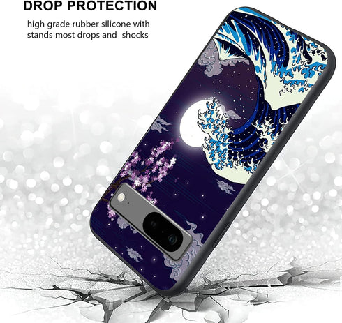 Compatible with Google Pixel 7 Case Japanese Wave Cherry Blossom Moon Pattern Phone Case for Boys Girls Aldults, Soft TPU Shockproof Anti-Scratch ...