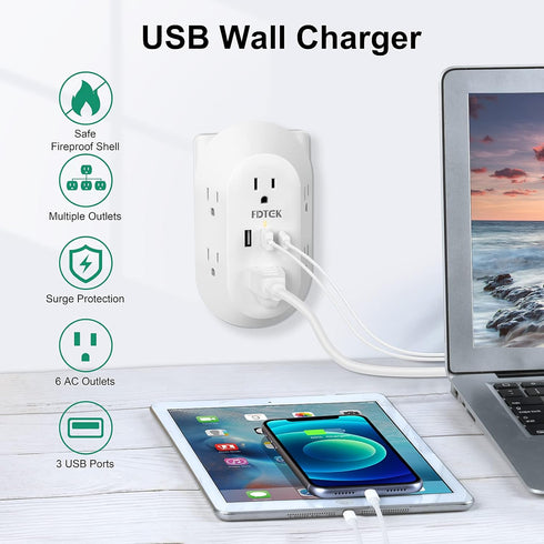 USB Wall Charger, FDTEK Surge Protector 6 Outlet Power Strip Multi Plug Outlet with USB-C Charging Ports, 3-Sided Outlet Splitter Wall Plug Adapte...