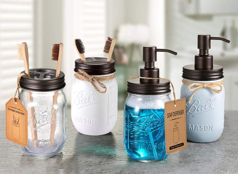 Mason Jar Toothbrush Holder – Bronze – with Genuine Glass 16 Ounce Mason Jar for Regular Mouth Mason Jar ? Premium Rust-Proof 304 Stainless Steel ...