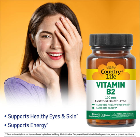 Country Life Vitamin B-2, Supports Health Eyes & Skin and Energy, 100mg, 100 Tablets, Certified Gluten Free, Certified Vegan, Certified Halal…...