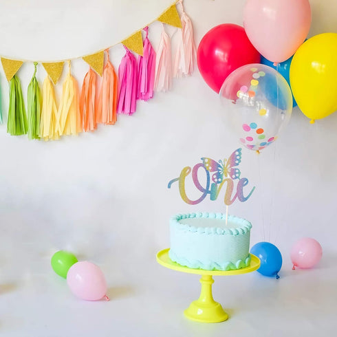 Butterfly One 1st Cake Topper, Butterfly First Birthday Cake Decor, Cute Baby Shower Party Decorations, Happy Birthday Theme Rainbow Glitter Suppl...